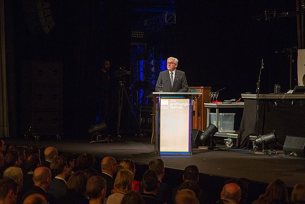 Bundespräsident Frank-Walter Steinmeier, Schirmherr des Festivals, bei seiner Rede zum Auftakt des Bauhaus-Jubiläums in der Berliner Akademie der Künste.